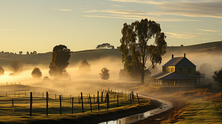 The first light of dawn casts a golden glow on a misty countryside scene, highlighting a solitary farmhouse.の素材