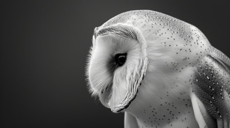 A detailed close-up of a barn owl's face in monochrome tones.の素材