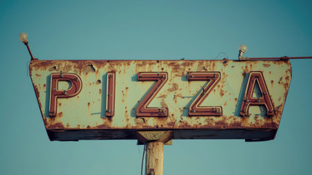 A vintage pizza sign stands against a clear blue sky, its rustic charm highlighted by weathering and decay.の素材