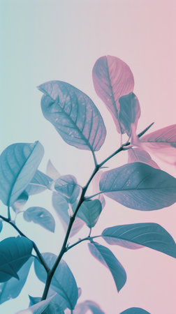 A minimalist branch of leaves artfully tinted in pastel pink hues.の素材