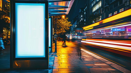 Empty Urban Billboard at Night, Ready for Mockup Display. A.I.の素材