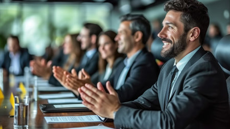 A diverse group of business professionals clapping enthusiastically during a successful meeting.の素材