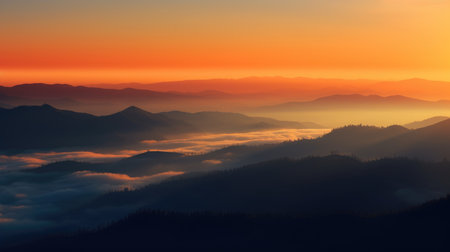 A majestic sunrise illuminates undulating hills shrouded in morning fog.の素材