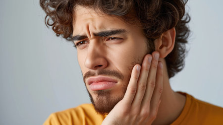 Man Experiencing Severe Toothache Pain Touching Jaw. A.I.の素材