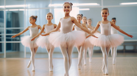 A joyful group of young ballerinas with beaming smiles practices in a ballet class, dressed in pink tutus.の素材