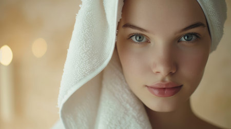 Photo for A close-up portrait of a serene young woman, her face lightly moistened, wrapped in a soft towel, embodied tranquility and natural beauty. - Royalty Free Image