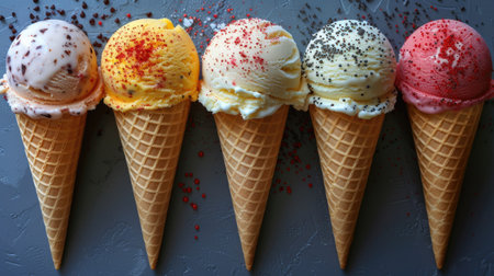 A delectable assortment of ice cream cones scattered across a blue textured surface.の素材