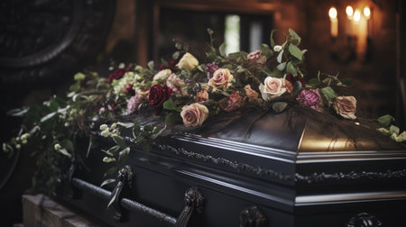 A beautifully adorned coffin sits solemnly at a church funeral service.の素材
