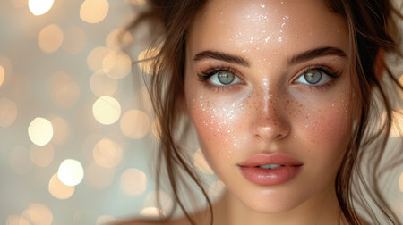 A close-up portrait capturing the natural beauty and delicate freckles of a young woman.の素材