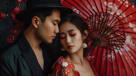 An Asian couple in elegant traditional dress shares a tender moment, evoking a deep sense of romance and cultural beauty.の素材