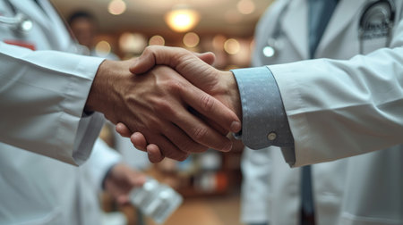 Two doctors in white lab coats shake hands, sealing a professional agreement.の素材
