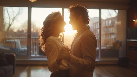A couple shares a romantic dance in their living room, bathed in the warm light of the setting sun.の素材