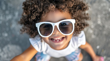 A joyful young girl with curly hair wearing oversized white sunglasses smiles broadly.の素材