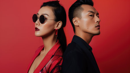 An Asian couple in fashionable attire poses confidently against a vivid red backdrop.の素材