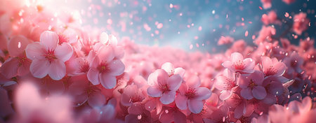Delicate cherry blossoms fall against a clear blue sky, providing a dreamy background with space for text.の素材