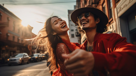 A cheerful Asian couple shares a laugh while stylishly dressed on a city street.の素材