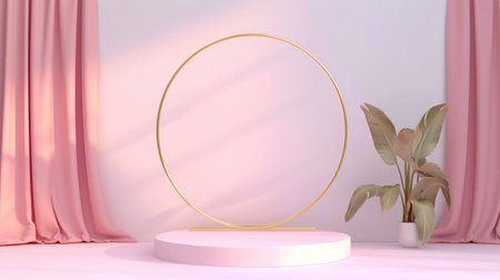 An elegant pink and gold podium set against draped curtains, ready for showcasing products.の素材