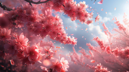 Cherry blossoms gently cascade in a serene, dream-like spring setting.の素材
