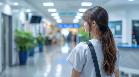 A nurse or hospital orderly walks through a sunlit, blue-colored hospital corridor, exuding calm professionalism.の素材