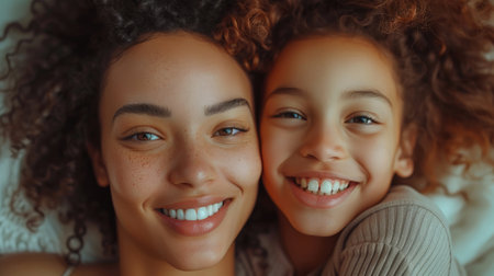 A mother and her child share an infectious laugh in a candid moment of pure joy.の素材