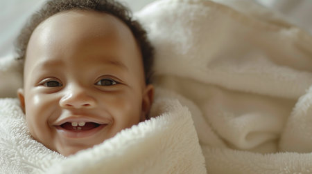 A close-up portrait of a smiling baby wrapped in a soft white blanket, exuding warmth and joy.の素材