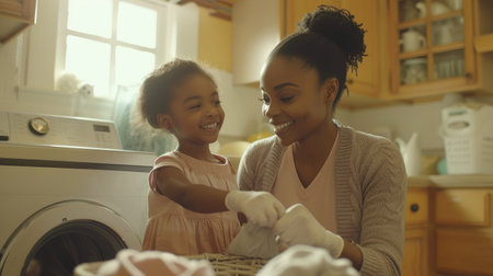 A mother and daughter share a warm, cheerful moment while doing laundry together.の素材