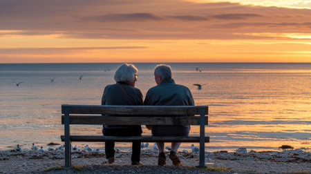 An elderly couple sits peacefully on a beach bench, admiring the sunset.の素材