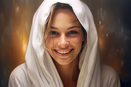 A joyful woman wrapped in a towel shares a radiant, carefree smile.の素材