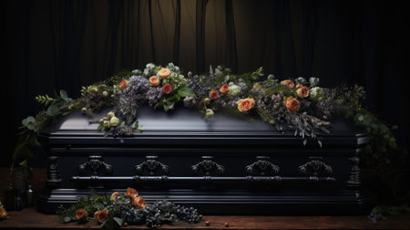 A beautifully adorned coffin sits solemnly at a church funeral service.の素材