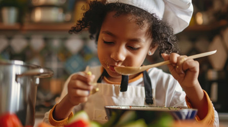 A cheerful young child in a chef's hat stands proudly in a home kitchen surrounded by jars of colorful, homemade preserves.の素材