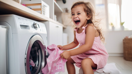 A joyful little girl in a pink dress is laughing as she helps with the laundry.の素材