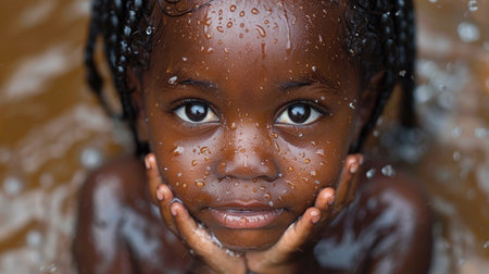 The clear, hopeful eyes of a child above clean water poignantly underscore the right to safe, accessible drinking water.の素材