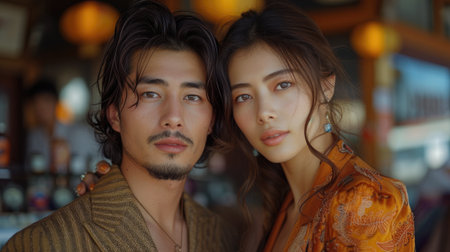 A close-up portrait of a fashionable Asian couple, exuding sophistication and intimate connection.の素材