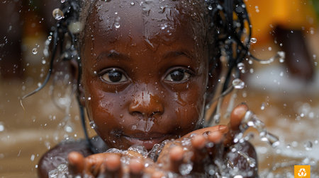 The clear, hopeful eyes of a child above clean water poignantly underscore the right to safe, accessible drinking water.の素材