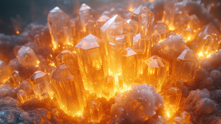 A cluster of crystal formations emanates a warm, golden glow, creating a feeling of radiant natural energy.の素材