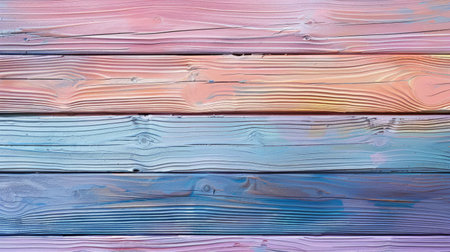 A textural close-up of wooden planks artistically painted in soft pastel hues of pink, purple, and blue.の素材
