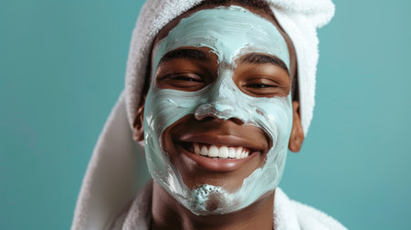 A cheerful young man with a bright turquoise face mask smiles widely.の素材