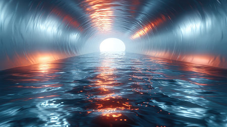 A serene abstract tunnel with reflective water under a luminous sunset.の素材