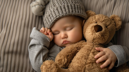 A sleeping baby lies peacefully with a teddy bear, both wearing knit hat.の素材