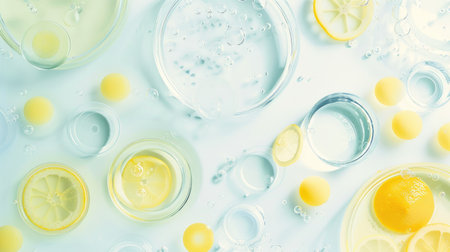 Bright yellow lemons and petri dishes symbolize vitamin-based skincare research.の素材
