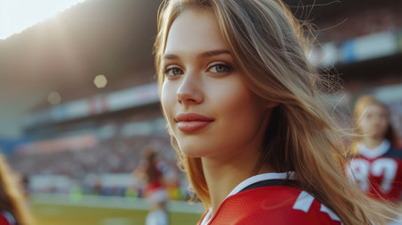 A close-up portrait of a young cheerleader with the sunlit stadium in the background.の素材