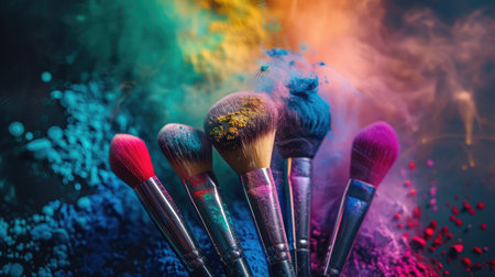 A striking top view of colorful makeup brushes and powders artistically arranged with copy space. A.I.の素材