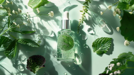 Clear serum bottle with nature imprint, cast shadows on greenの素材
