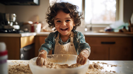 A joyful child stands on a stool by the kitchen counter, mixing cookie dough with flour dusting their cheeks and nose.の素材