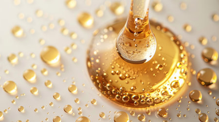 Golden Skincare Oil Drops with Air Bubbles on White Background. A.I.の素材
