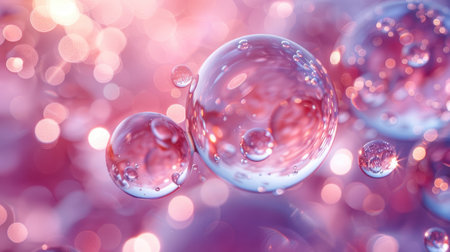 Spherical molecules encapsulated in soft bubbles depict a skincare cosmetic concept in this 3D rendered image.の素材