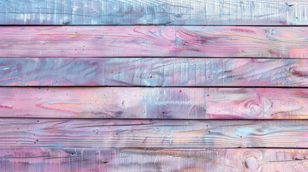 A textural close-up of wooden planks artistically painted in soft pastel hues of pink, purple, and blue.の素材