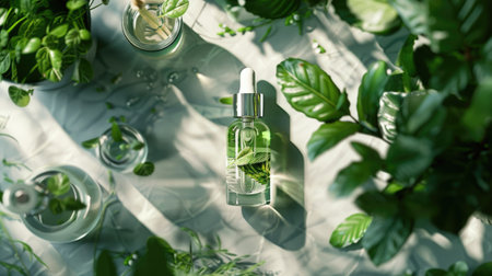 Clear serum bottle with nature imprint, cast shadows on greenの素材