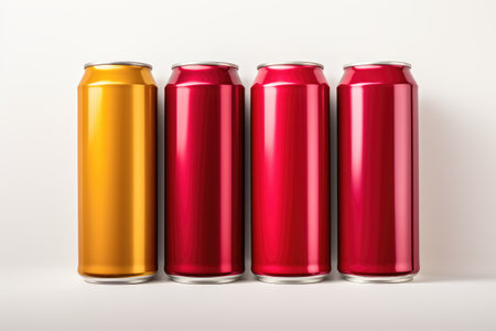 A vibrant mockup featuring red and yellow aluminum cans aligned on a white surface.の素材