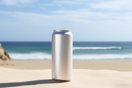 Blank Beverage Can Mockup on Sandy Beach at Sunset. A.I.の素材